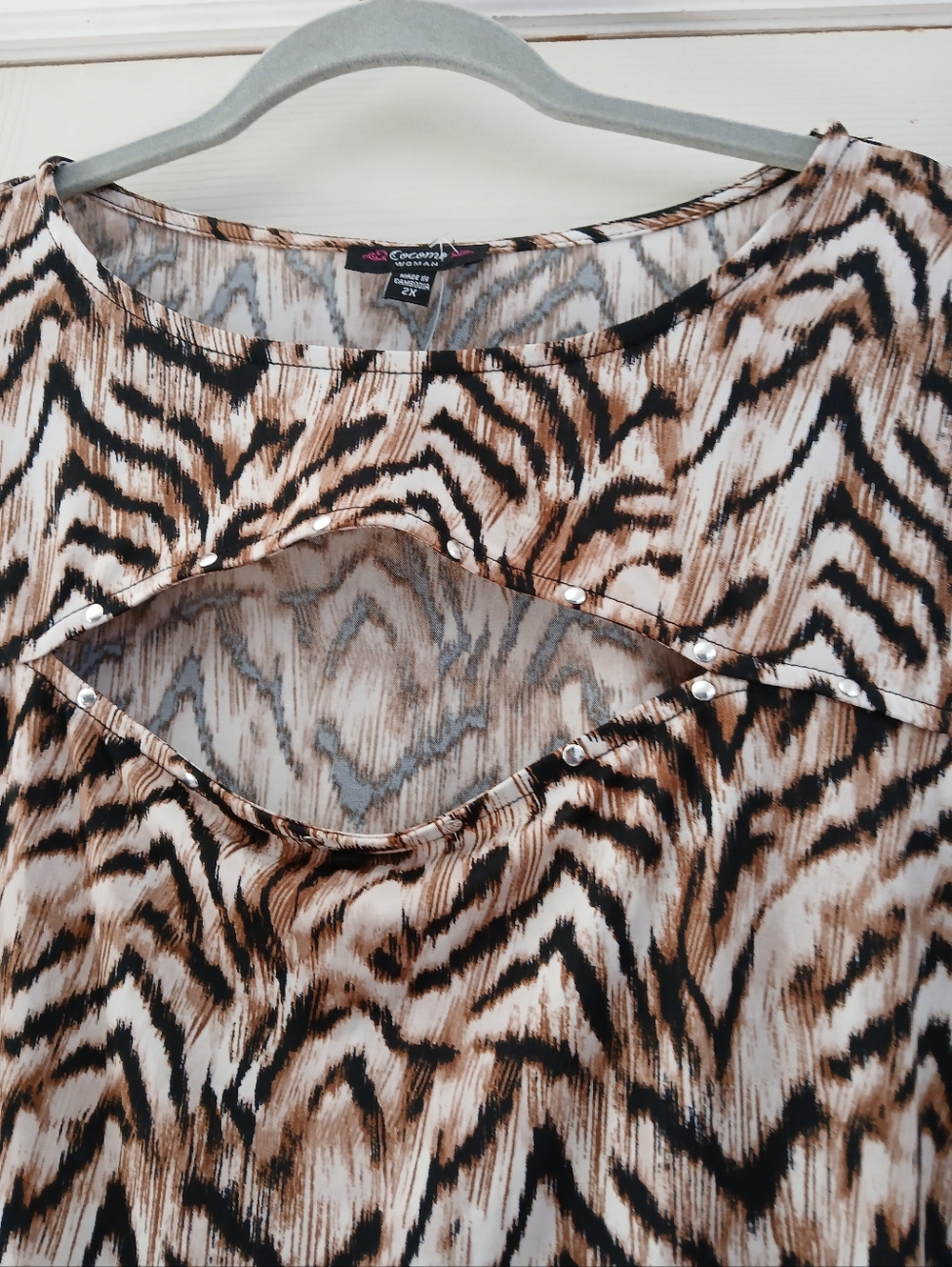 Cocomo 2x Animal Print Brown BlackTiger Liquid knit Open Top peek A boo Neckline - Picture 6 of 9